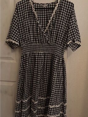Gingham Dress with Ric Rac Trim - Navy & White